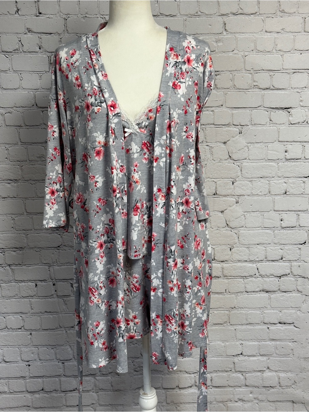 3 Pieces Laura Ashley Gray Robe, Shorts and Lace-Trim Camisole Set